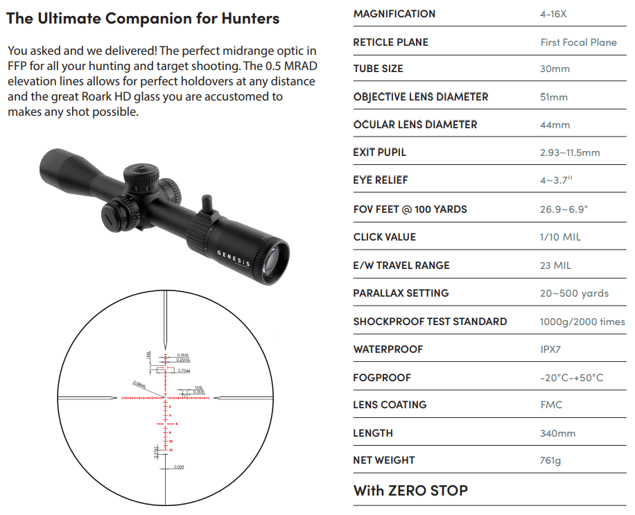 Gridlock Roark Genesis 4 16x44 FFP Hunting Optic Specs